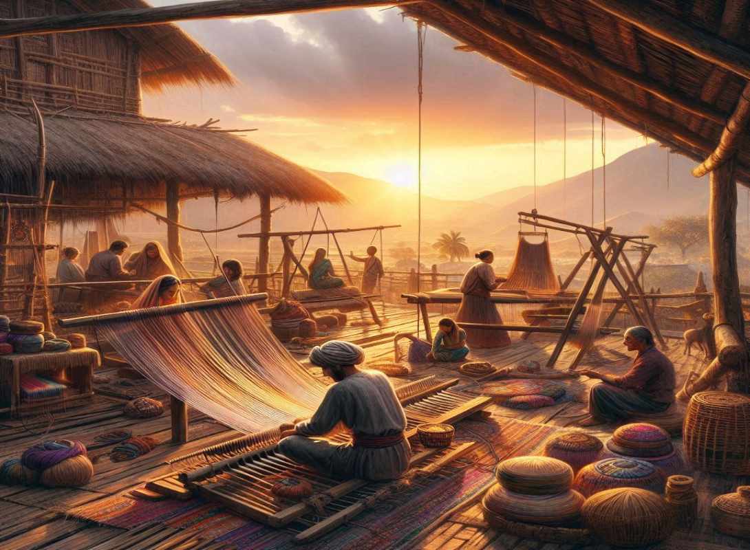 viene illustrato l'uso della fibra di juta nell'antichità, mostrando la sua applicazione in vari ambiti come la creazione di sacchi, corde e tessuti per la vita quotidiana.